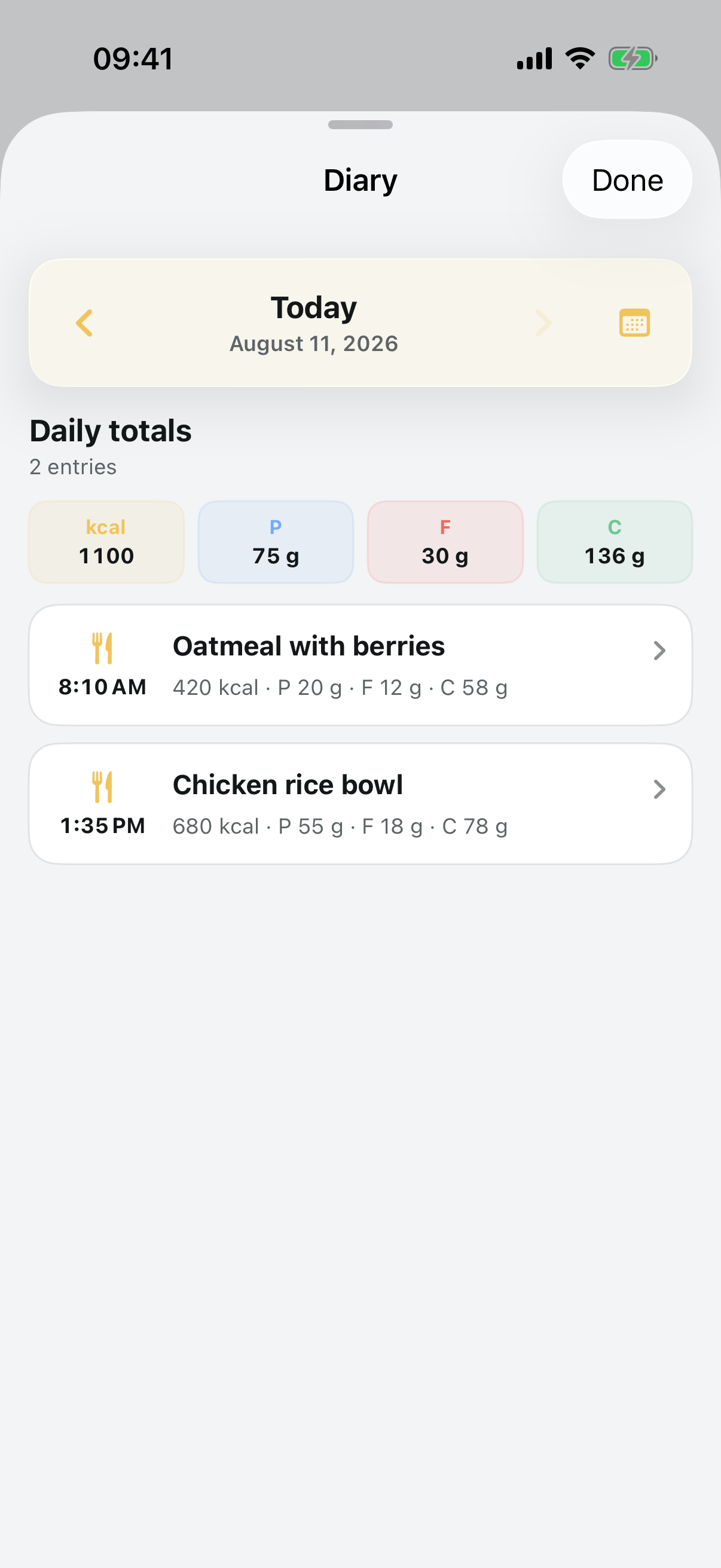 Astyq food diary with two meals, times, calories, macros, and daily totals