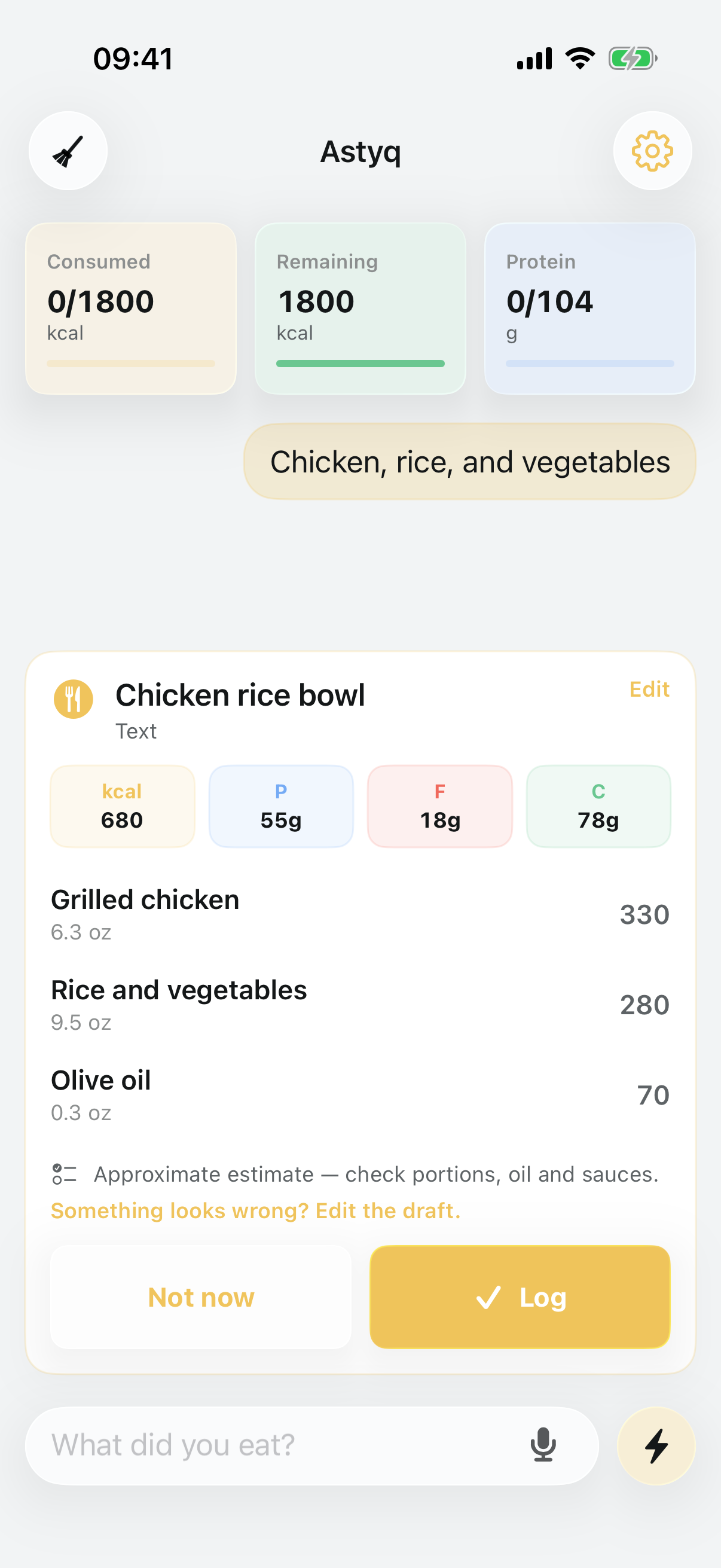 Astyq main screen with calorie and protein progress plus an editable chicken rice bowl draft in the conversation