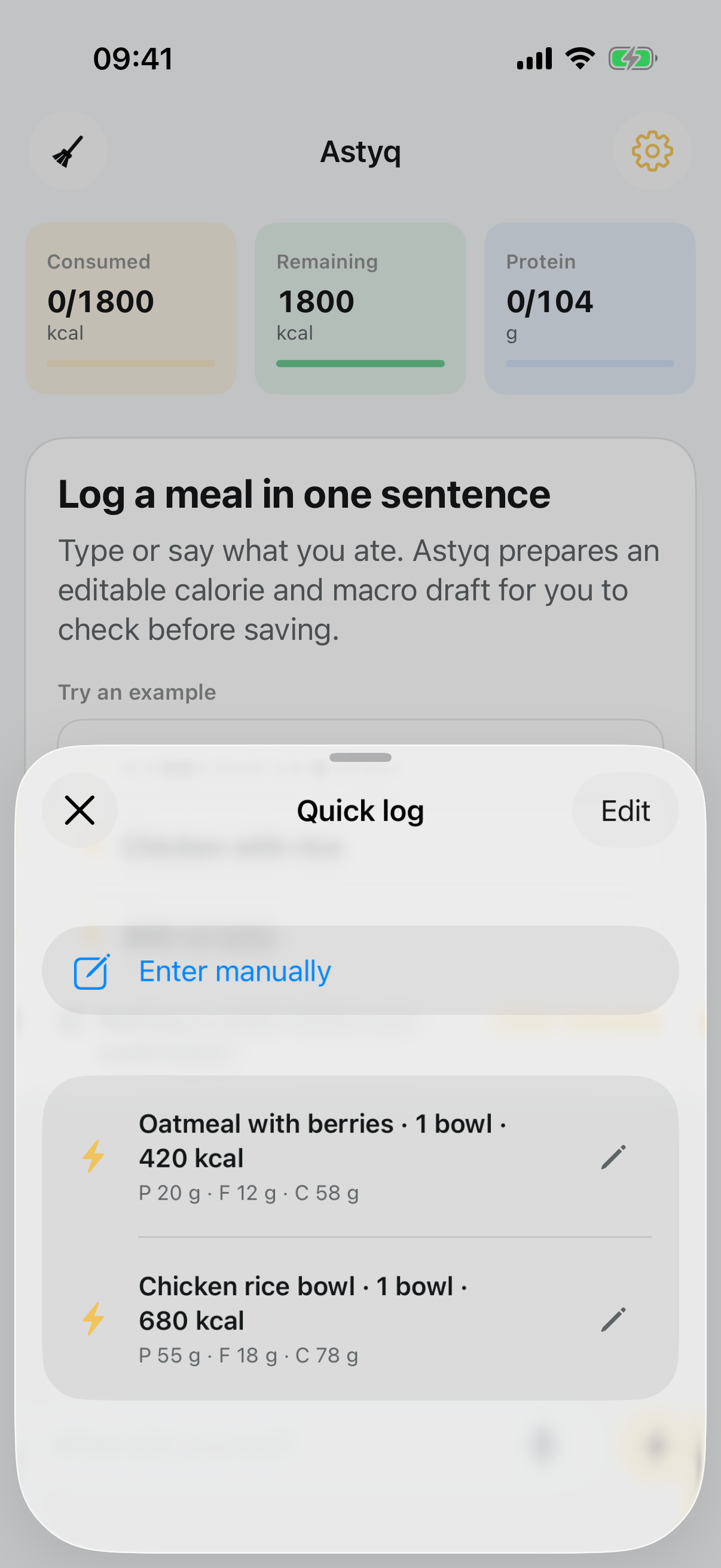 Astyq Quick log sheet with familiar meals ready to add again