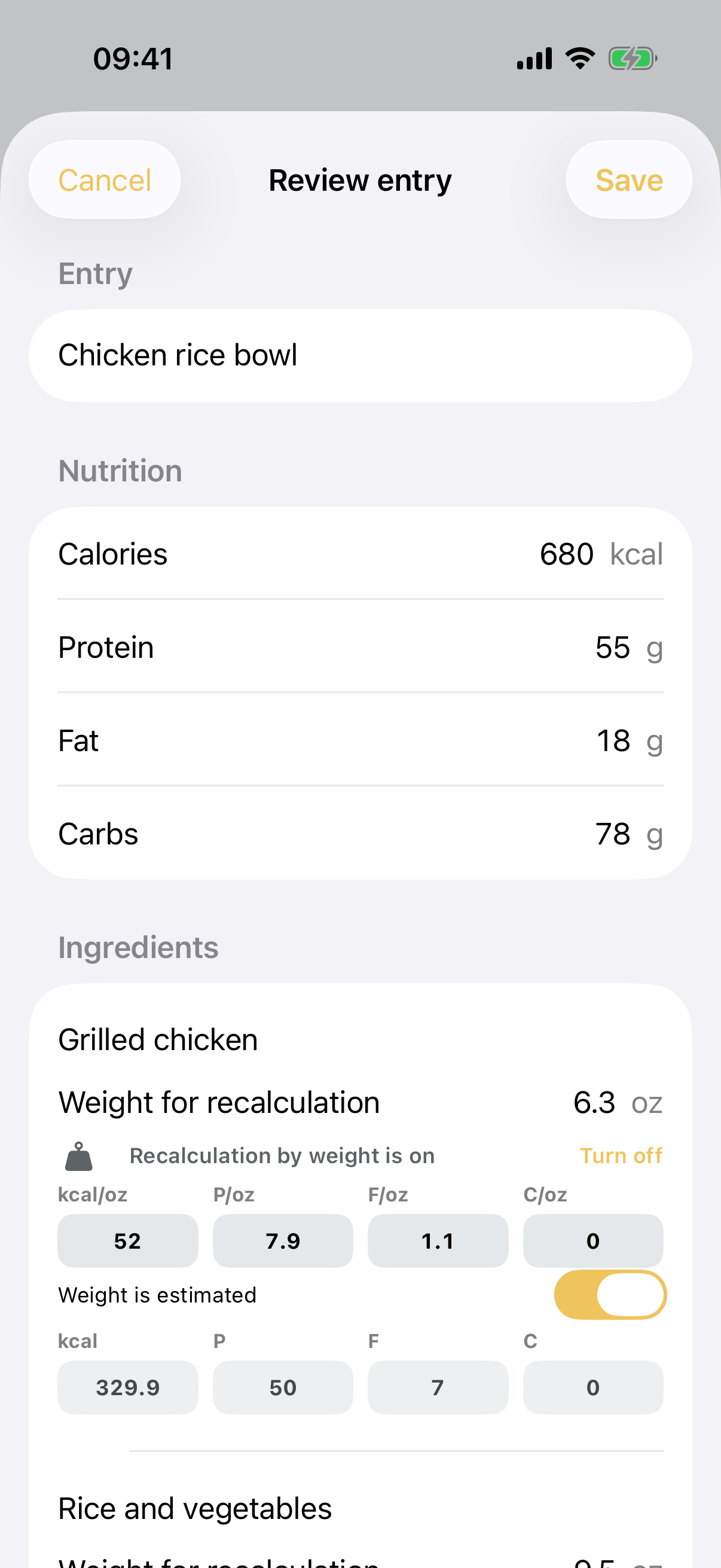 Astyq Review entry screen with editable nutrition and ingredient weights